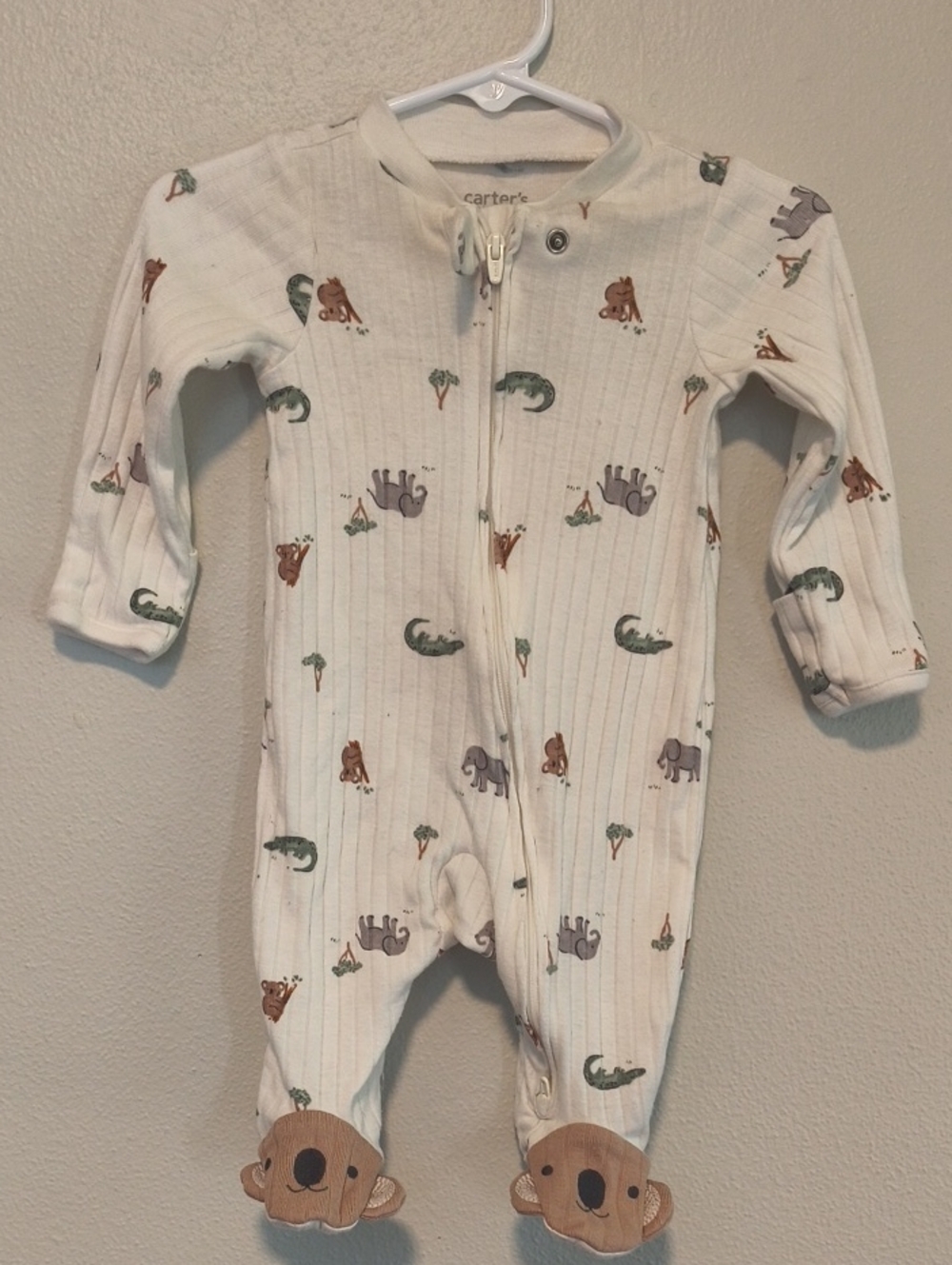Carter's Cream Animal Print Footed One-Piece with Bear Accents